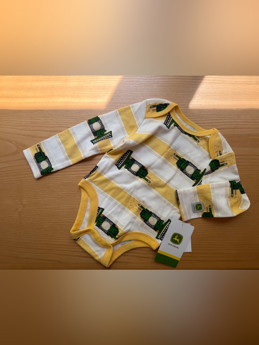 John Deere Yellow & White Striped Baby Bodysuit with Combine Harvester Pattern
